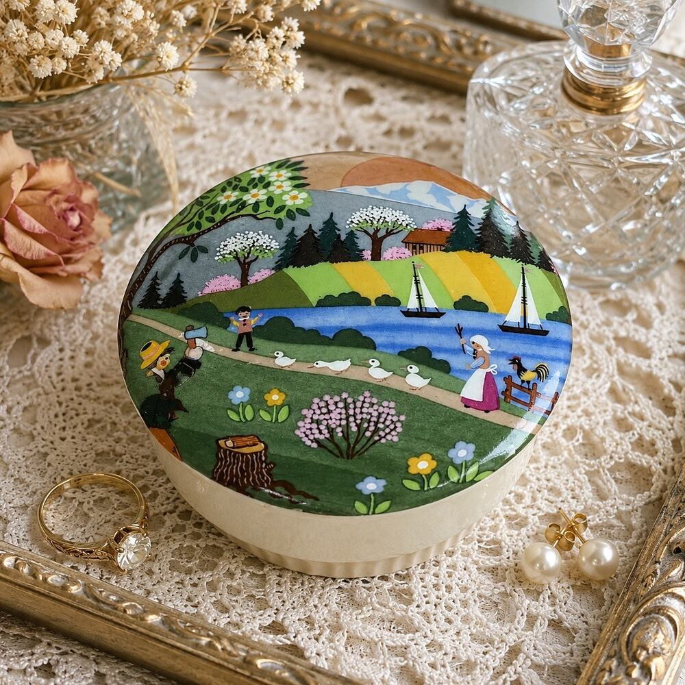 Vintage Reutter Porzellan W Germany Folk Art Lidded Trinket Jewelry Box